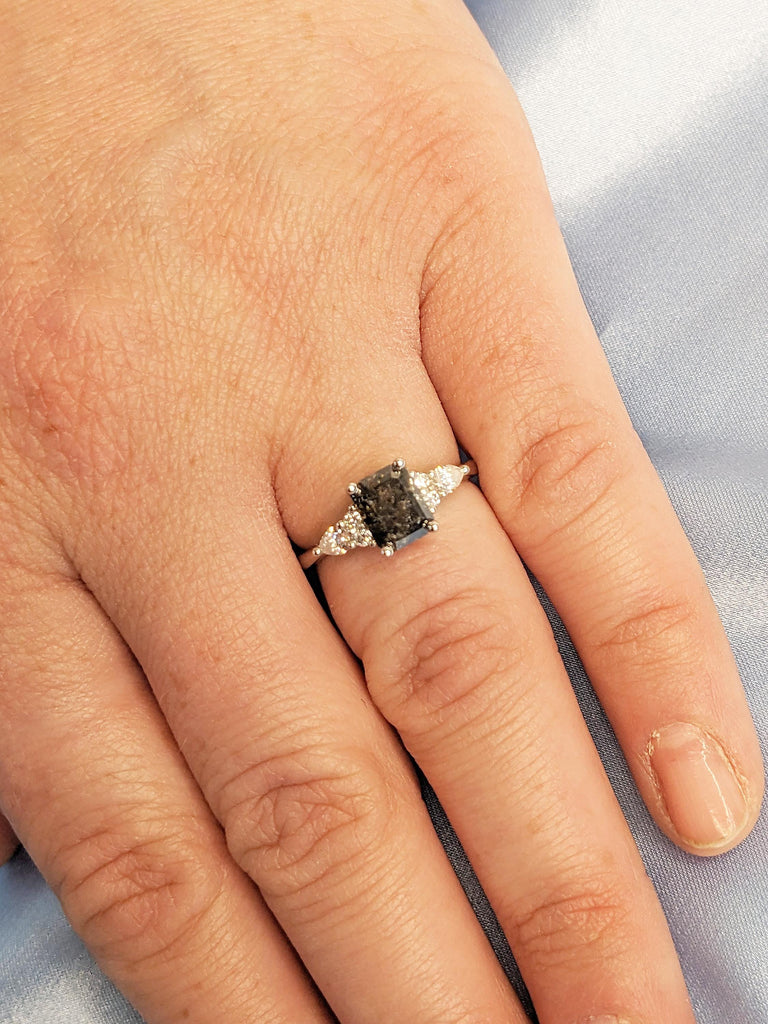 Emerald Cut Ring, Salt and Pepper Diamond Ring, Platinum Engagement Ring, Moissanite or Diamond Cluster Ring, Art Deco Promise Ring for Her