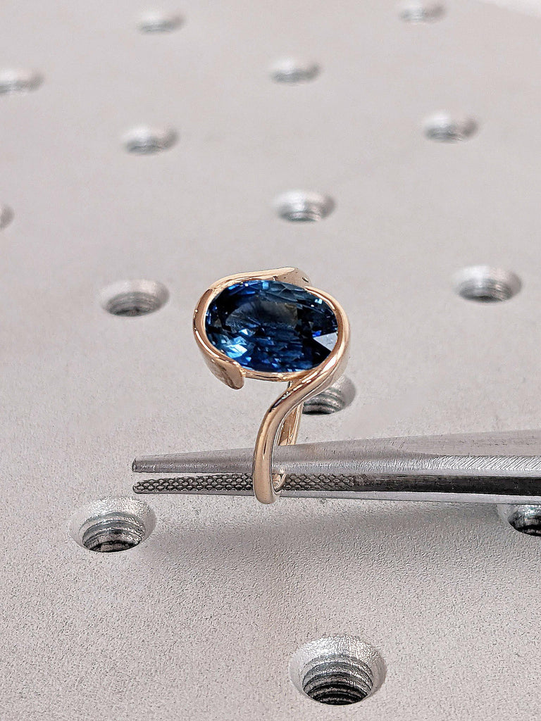 Modern Solitaire Engagement Ring |  Oval Sapphire Engagement Ring | 14k Rose Gold Rings for Women | Sapphire Wedding Anniversary Ring