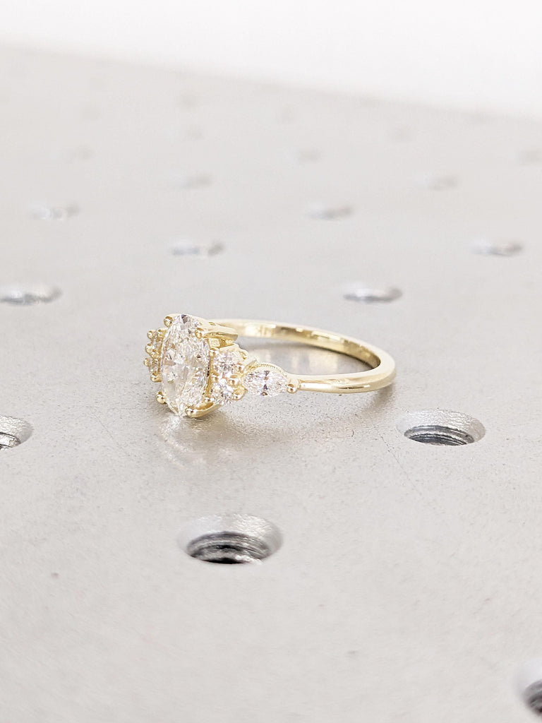 Oval Lab Grown Diamond Ring, Solid Gold Ring, Oval Engagement Ring, Art Deco Lab Diamond Ring, Engagement Gift for Her, Diamond Cluster Ring