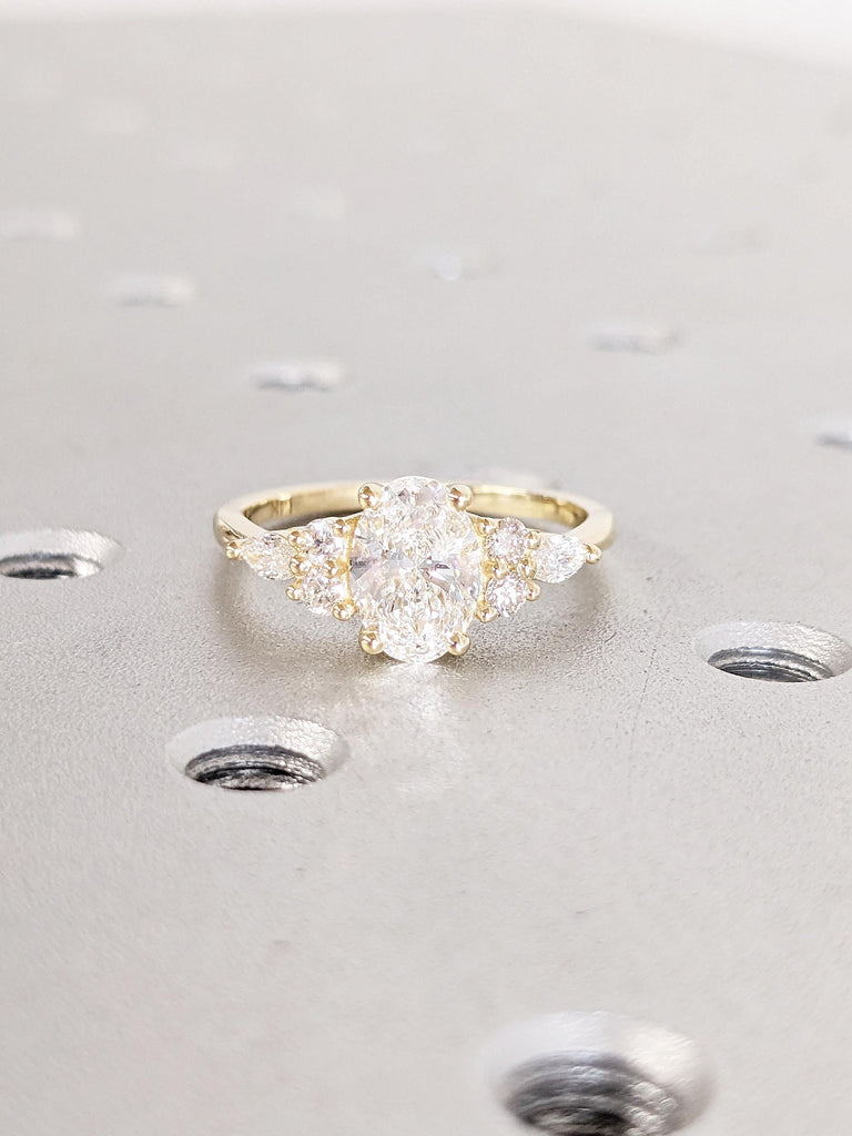 Oval Lab Grown Diamond Ring, Solid Gold Ring, Oval Engagement Ring, Art Deco Lab Diamond Ring, Engagement Gift for Her, Diamond Cluster Ring