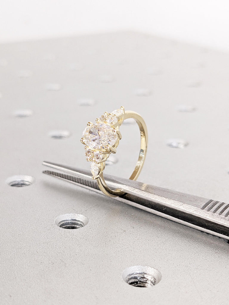 Oval Lab Grown Diamond Ring, Solid Gold Ring, Oval Engagement Ring, Art Deco Lab Diamond Ring, Engagement Gift for Her, Diamond Cluster Ring