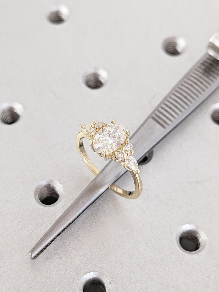 Unique Moissanite Rings, Oval Engagement Ring, Solid Gold Ring, Round and Marquise Cut Diamond Cluster Ring, Gold Promise Ring, Bridal Gift