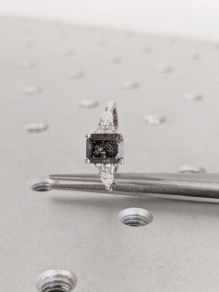 Emerald Cut Engagement Ring, Salt and Pepper Diamond Ring, Platinum Ring for Women, Vintage Anniversary Ring, Unique Diamond Cluster Ring