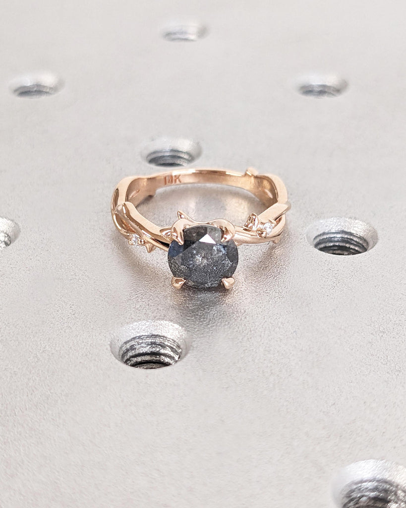 Salt and Pepper Diamond Nature Engagement Ring, Twig Branch Diamond Ring, Twig Engagement Ring, Thorn Twisted Vine Ring, 14K Rose Gold Ring