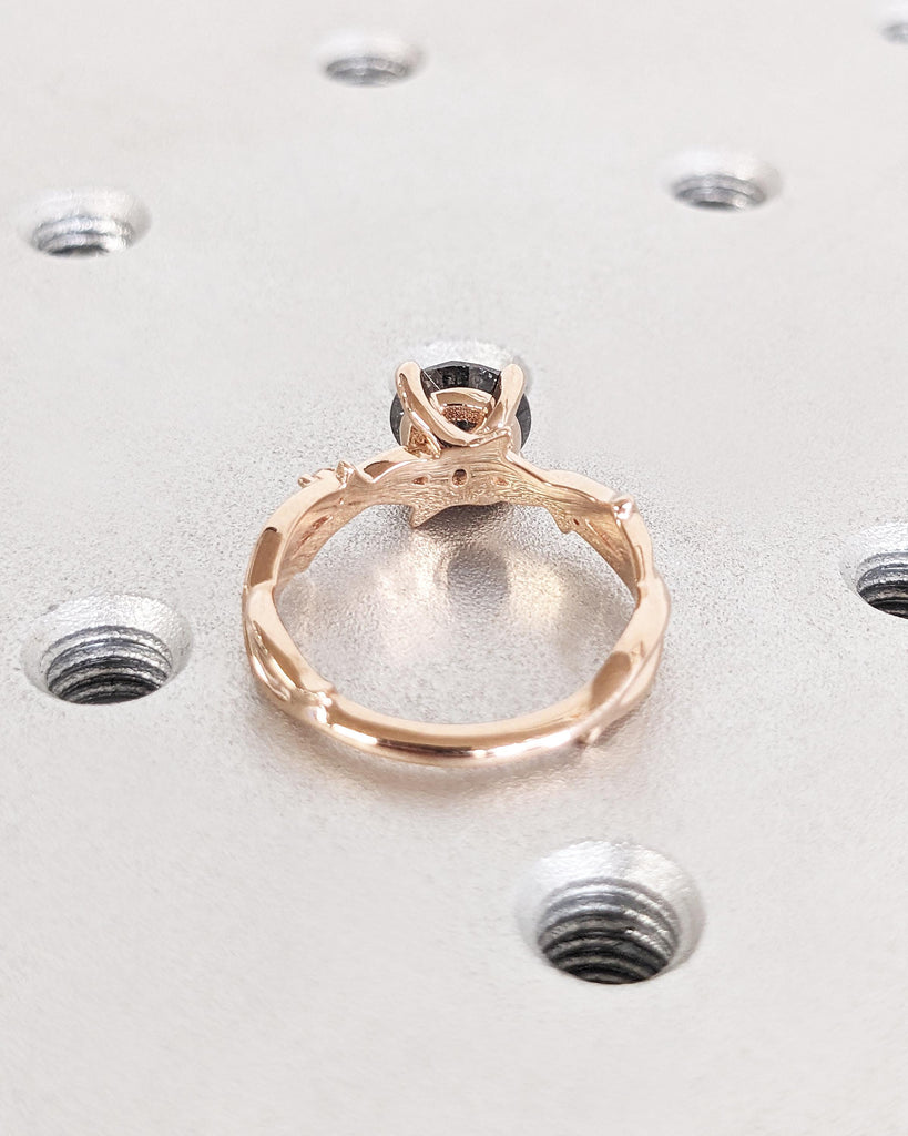 Nature Engagement Ring - Salt and Pepper Diamond Round Cut Ring - Twig Ring - Thorn Branch Nature Ring - 14K Rose Gold Promise Ring for Her
