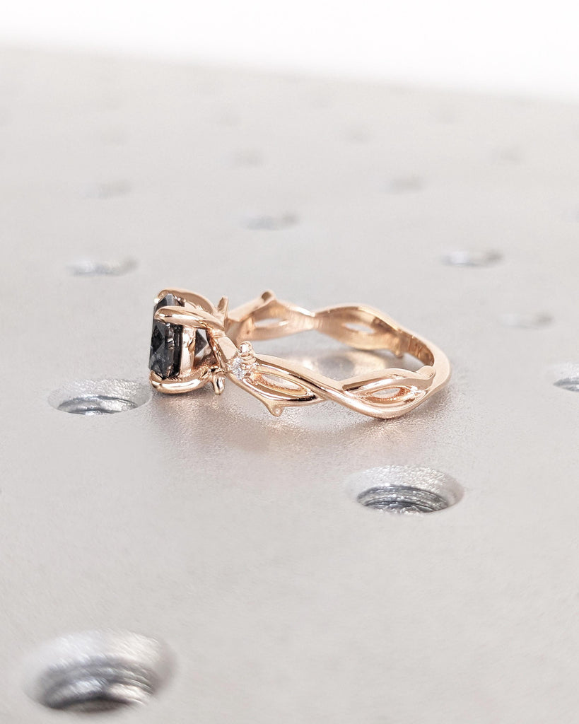 Nature Engagement Ring - Salt and Pepper Diamond Round Cut Ring - Twig Ring - Thorn Branch Nature Ring - 14K Rose Gold Promise Ring for Her