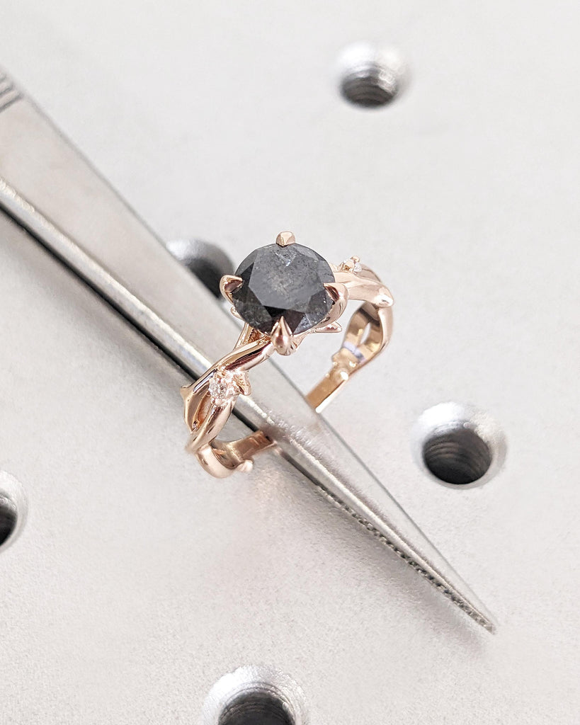 Nature Engagement Ring - Salt and Pepper Diamond Round Cut Ring - Twig Ring - Thorn Branch Nature Ring - 14K Rose Gold Promise Ring for Her