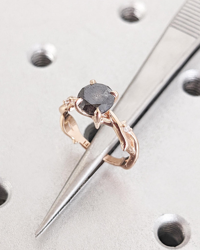 Salt and Pepper Diamond Nature Engagement Ring, Twig Branch Diamond Ring, Twig Engagement Ring, Thorn Twisted Vine Ring, 14K Rose Gold Ring