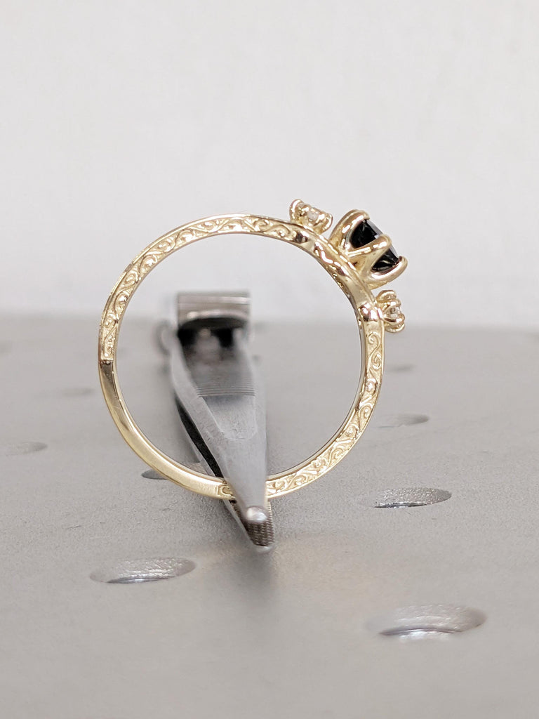 Blue Green Sapphire Engagement Ring, Dainty 14K Solid Gold Ring, Diamond and Peacock Sapphire Ring, Filigree Ring, September Birthstone Ring
