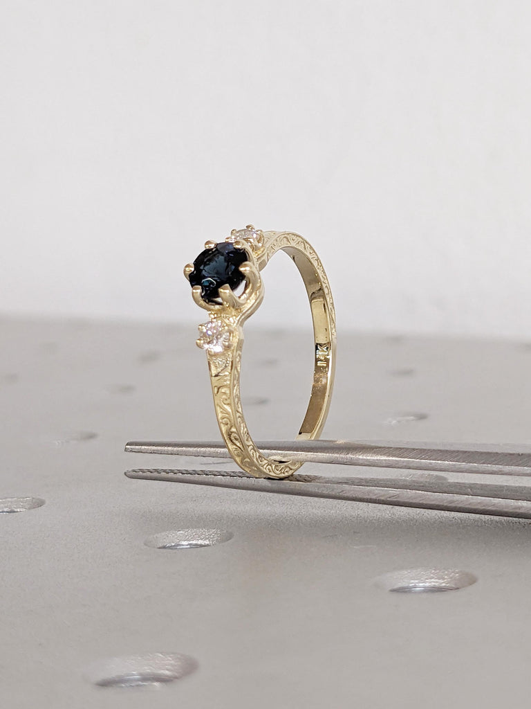 Blue Green Sapphire Engagement Ring, Dainty 14K Solid Gold Ring, Diamond and Peacock Sapphire Ring, Filigree Ring, September Birthstone Ring