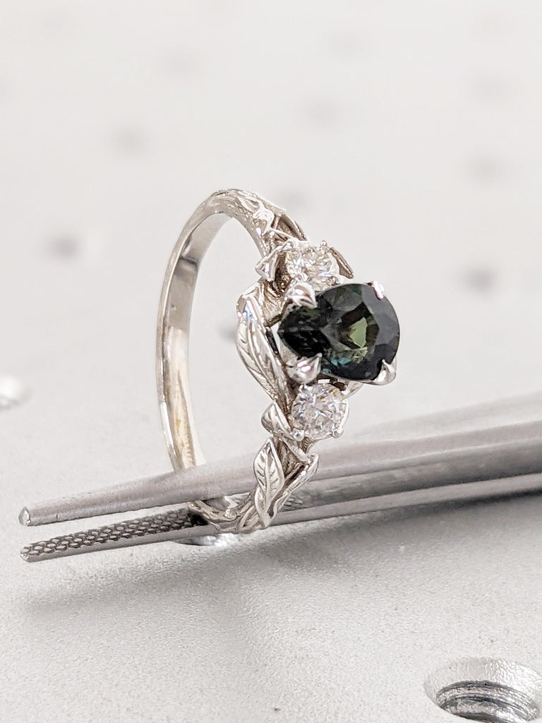Nature Inspired Engagement Ring | 14k Gold Leaf Ring | Peacock Sapphire Pear Ring | Art Deco Blue Green Sapphire Ring | Pear Engagement Ring