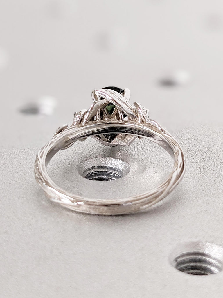Nature Inspired Engagement Ring | 14k Gold Leaf Ring | Peacock Sapphire Pear Ring | Art Deco Blue Green Sapphire Ring | Pear Engagement Ring