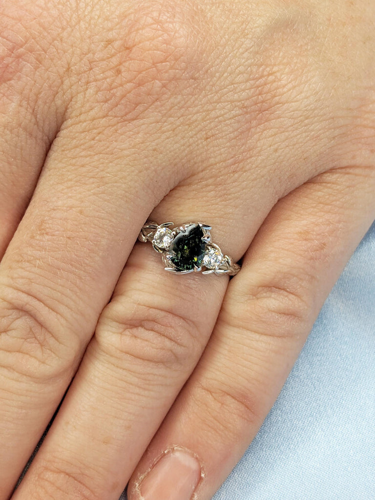 Nature Inspired Engagement Ring | 14k Gold Leaf Ring | Peacock Sapphire Pear Ring | Art Deco Blue Green Sapphire Ring | Pear Engagement Ring