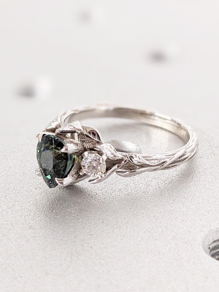 Nature Inspired Engagement Ring | 14k Gold Leaf Ring | Peacock Sapphire Pear Ring | Art Deco Blue Green Sapphire Ring | Pear Engagement Ring