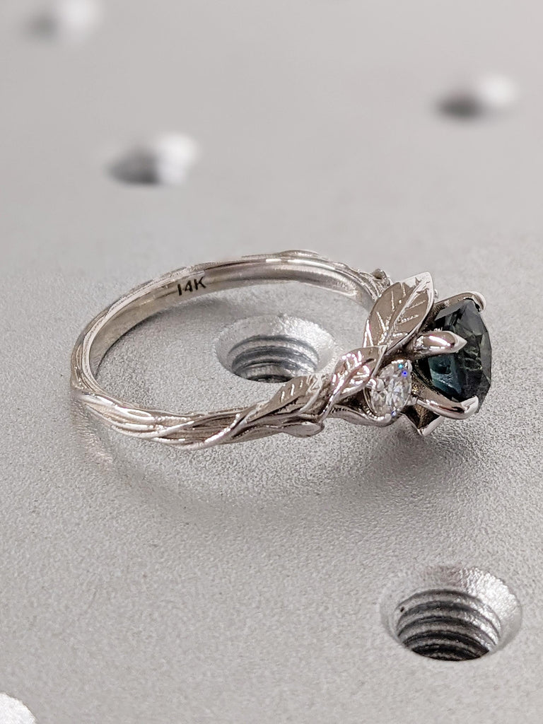 Nature Inspired Engagement Ring | 14k Gold Leaf Ring | Peacock Sapphire Pear Ring | Art Deco Blue Green Sapphire Ring | Pear Engagement Ring
