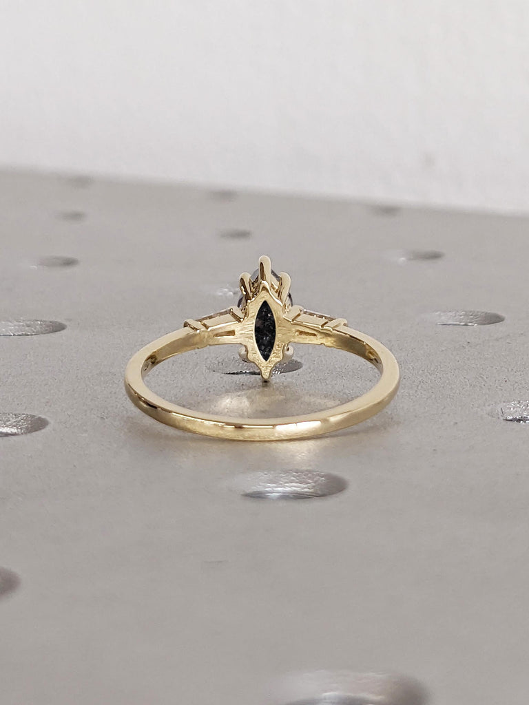 Marquise Engagement Ring, Salt and Pepper Diamond Ring, 14k Solid Gold Ring, Tapered Baguette Diamond Ring, Personalized Ring, Gift for Wife