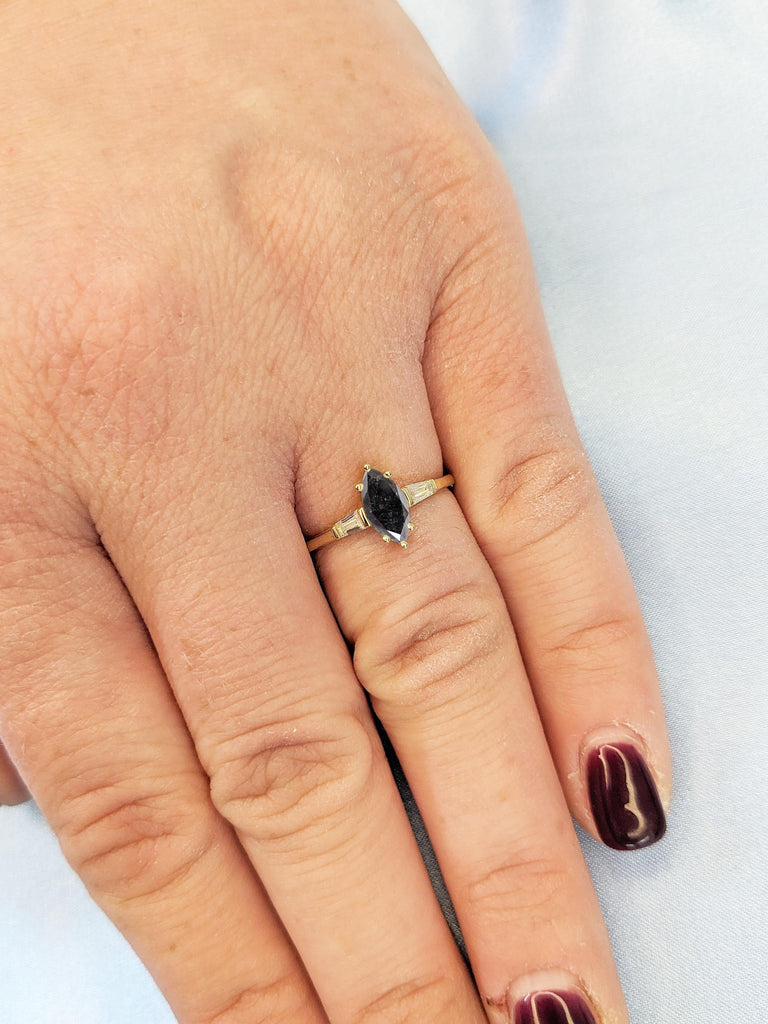 Salt and Pepper Diamond Marquise Ring, Dainty Diamond Ring, 14k Yellow Gold Statement Rings for Women, Women Wedding Ring, Engagement Gift