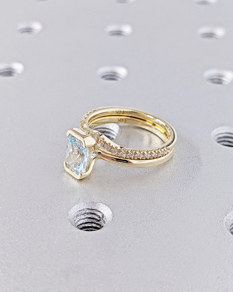 Unique Aquamarine Ring Set | Bridal Wedding Ring Set | Floating Bezel 14K Radiant Cut Aquamarine Blue Promise Ring | Stackable Diamond Band