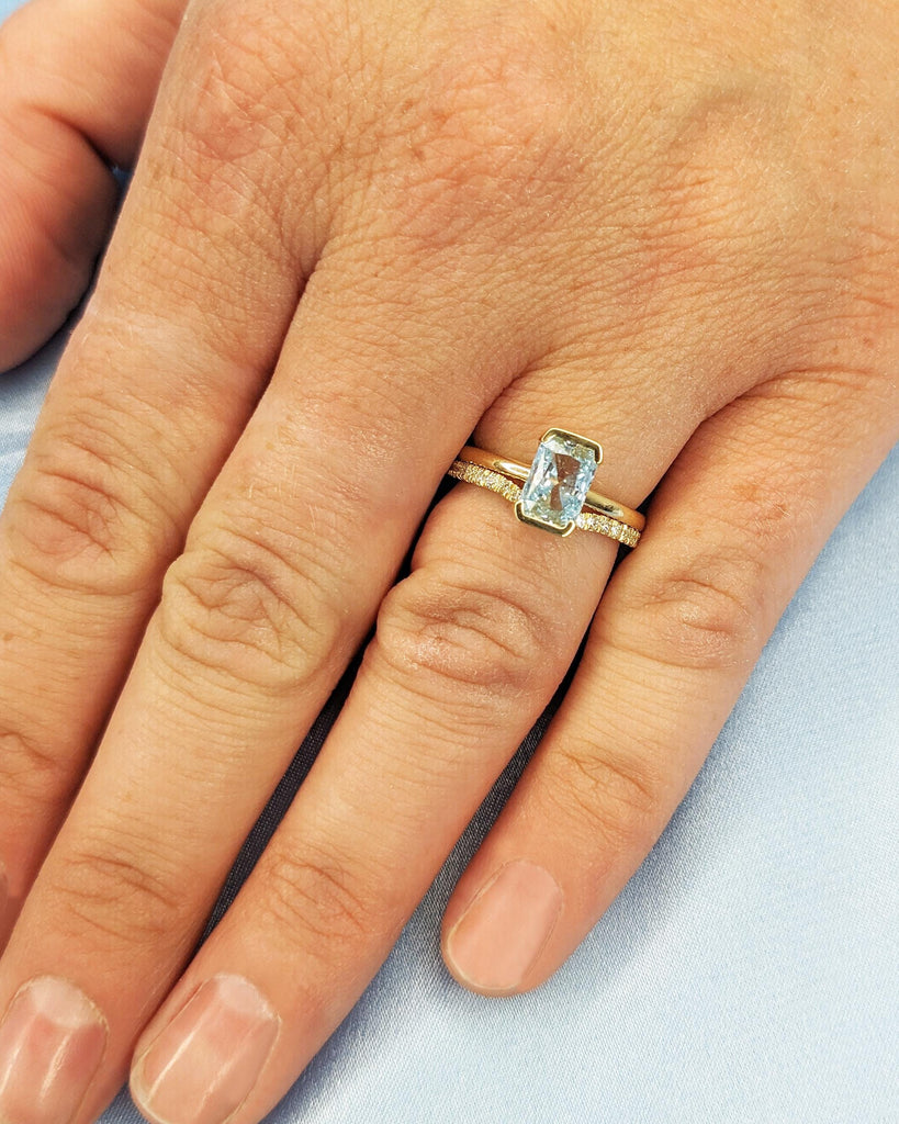 Radiant Cut Lab Aquamarine Engagement Ring Set 14K Yellow Gold Bridal Set Floating Bezel Blue Aquamarine Promise Ring Wedding Set for Women