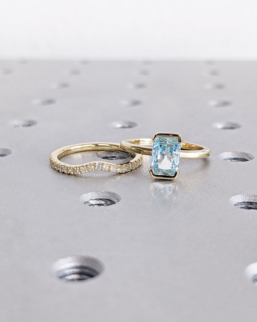Unique Aquamarine Ring Set, Bridal Wedding Ring Set, Floating Bezel Setting Ring, 14K Yellow Gold, Radiant Cut Aquamarine Blue Promise Ring with Matching Stackable Diamond Wedding Band