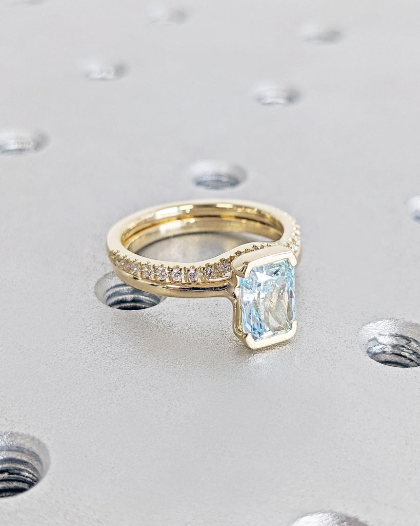 Radiant Cut Lab Aquamarine Engagement Ring Set in 14K Yellow Gold, Bridal Set, Floating Bezel Blue Aquamarine Promise Ring Wedding Set for Women, Matching Curved Wedding Band with Diamonds