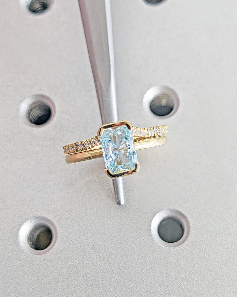 Unique Aquamarine Ring Set, Bridal Wedding Ring Set, Floating Bezel Setting Ring, 14K Yellow Gold, Radiant Cut Aquamarine Blue Promise Ring with Matching Stackable Moissanite Wedding Band