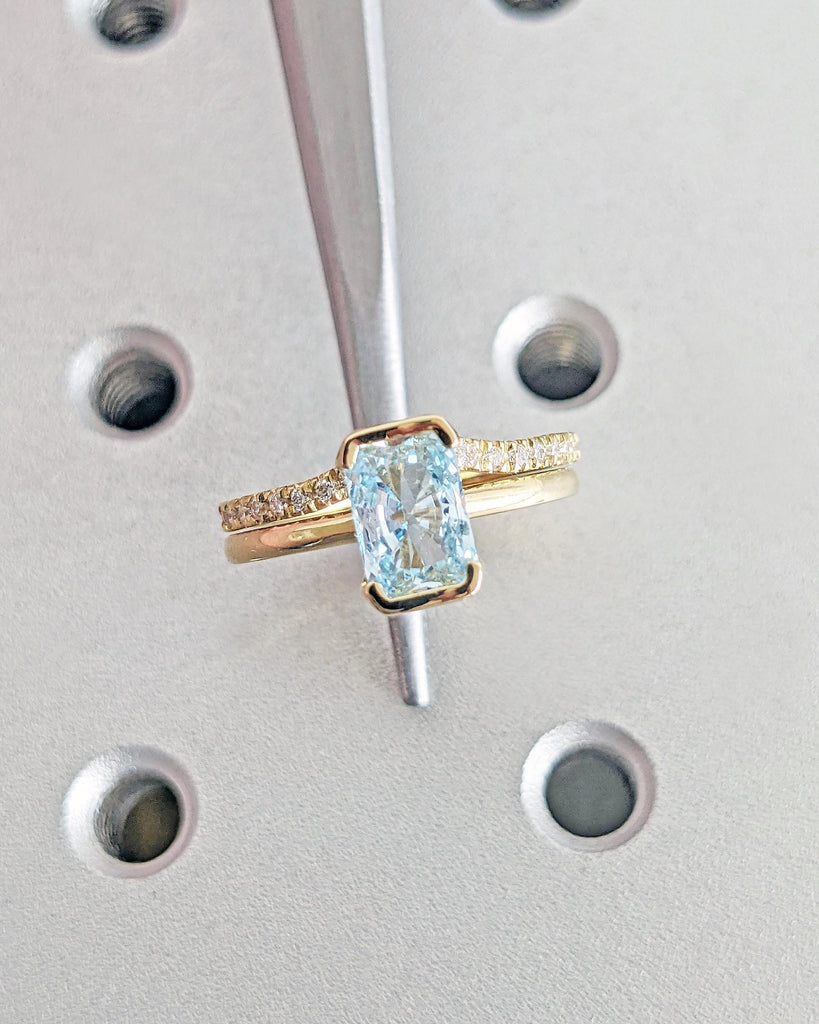 Radiant Cut Lab Aquamarine Engagement Ring Set 14K Yellow Gold Bridal Set Floating Bezel Blue Aquamarine Promise Ring Wedding Set for Women