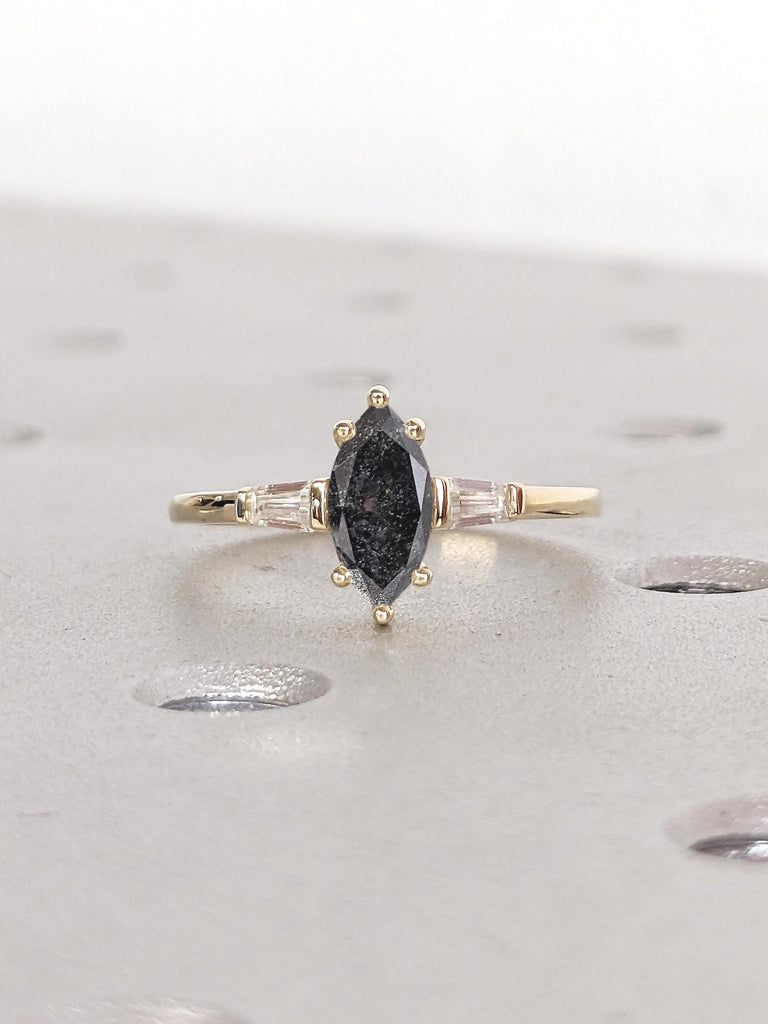 Marquise Engagement Ring, Salt and Pepper Diamond Ring, 14k Solid Gold Ring, Tapered Baguette Diamond Ring, Personalized Ring, Gift for Wife