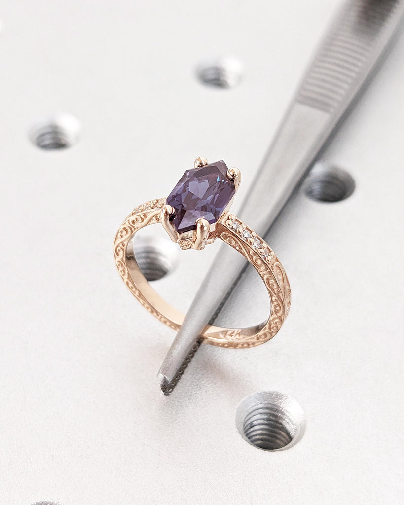 1ct Alexandrite Engagement Ring, Dutch Marquise Alexandrite, Blue Purple Alexandrite June Birthstone, Vintage Rose Gold Promise Ring for Her