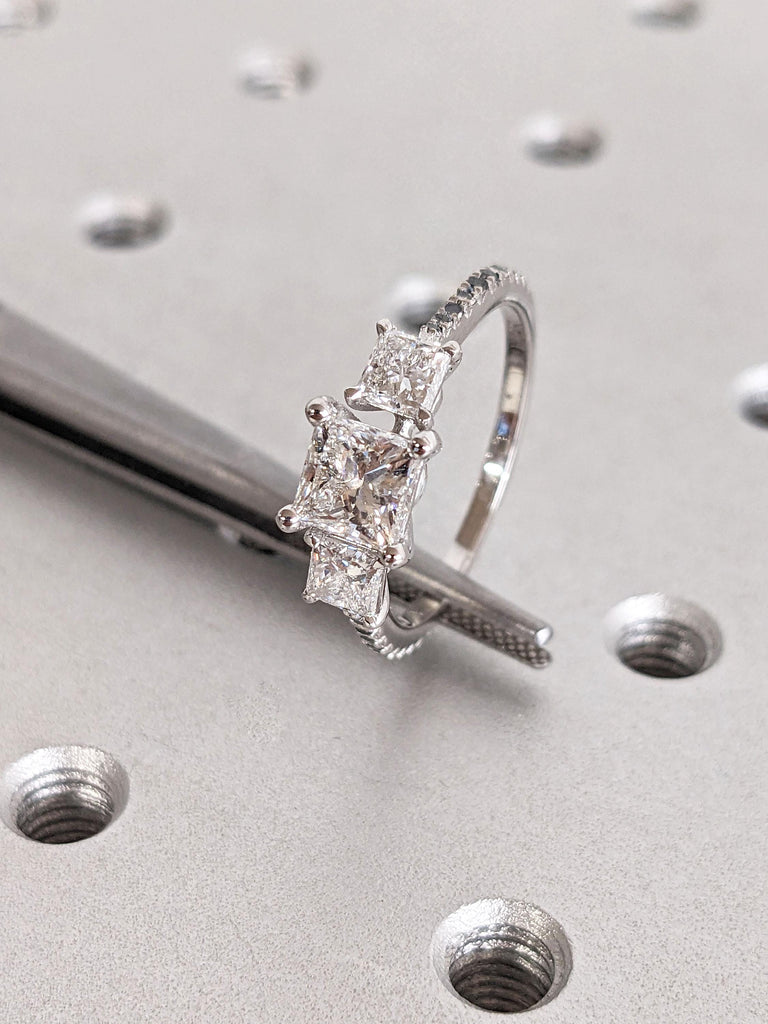 Unique White and Black Diamond Engagement Ring | Princess cut 3 Stone VVS Diamond | 14k 18k Gold Rings for Women
