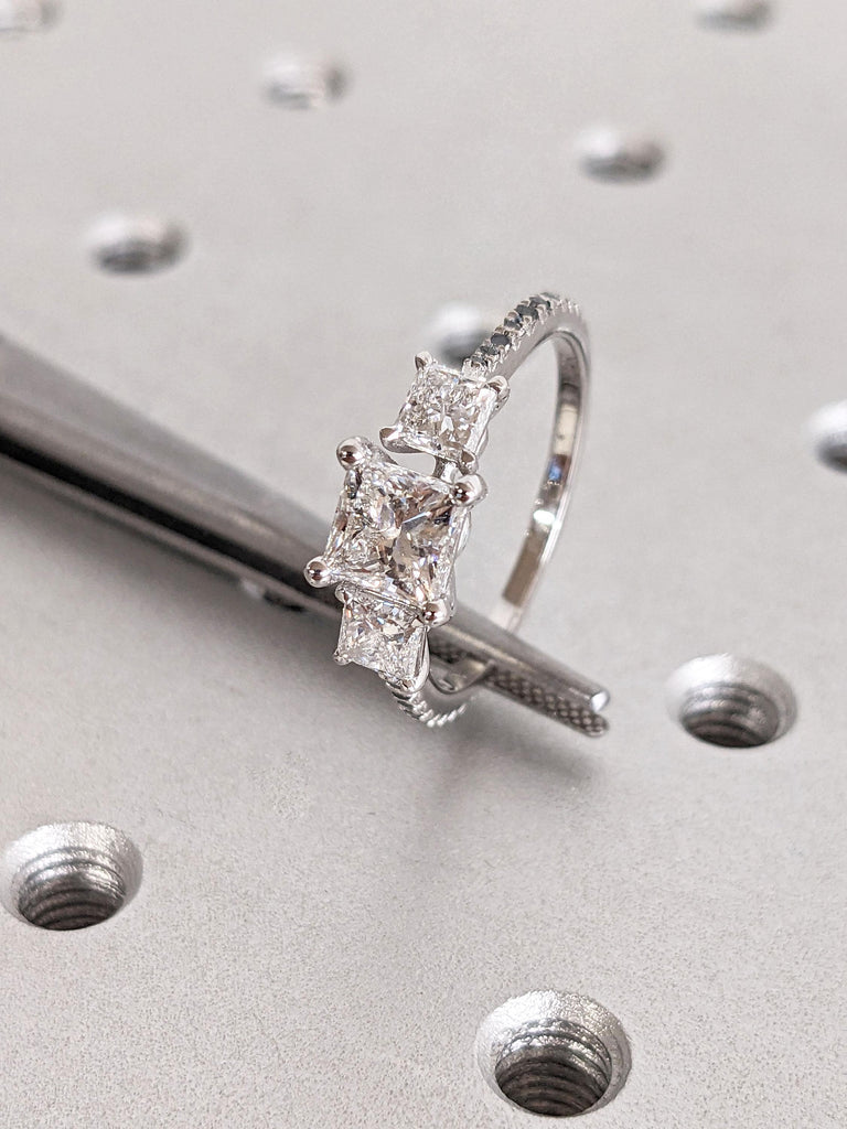 Unique White and Black Diamond Engagement Ring | Princess cut 3 Stone VVS Diamond | 14k 18k Gold Rings for Women