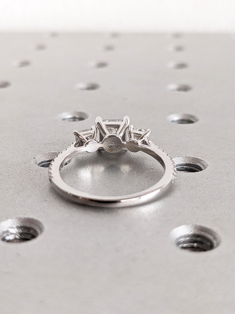 Unique White Moissanite and Black Diamond Thin Engagement Ring | Princess cut Ring | Promise Ring for Her, Paved Diamond Half Eternity Band