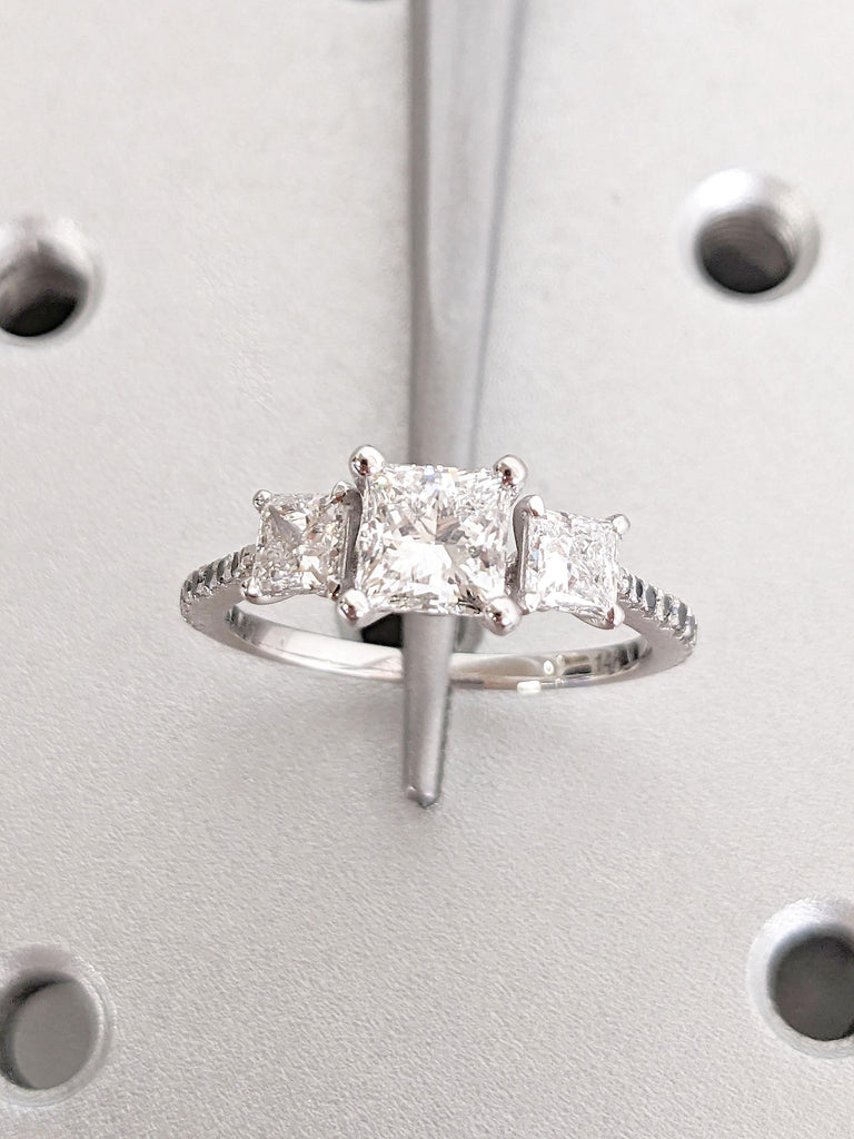 3 Stone Princess cut VVS Moissanite Engagement Ring | 1ct Moissanite Ring | 14k White Gold Rings for Women | Black Diamond Band
