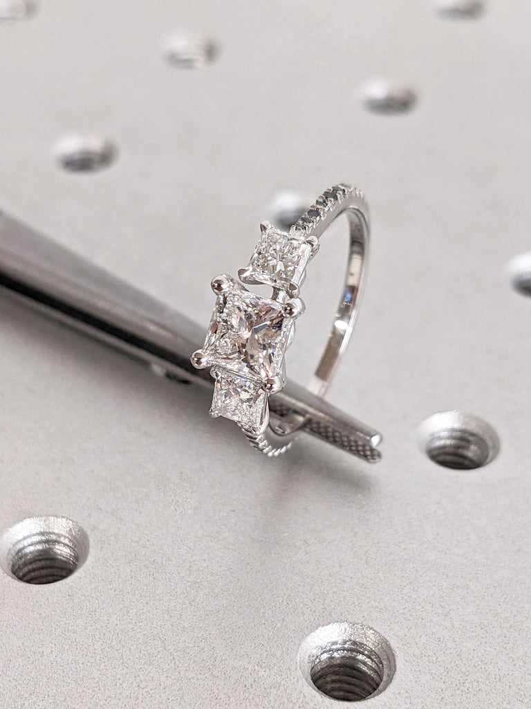 Unique White Moissanite and Black Diamond Engagement Ring | Princess cut 3 Stone VVS Colorless Moissanite | 14k 18k Gold Rings for Women