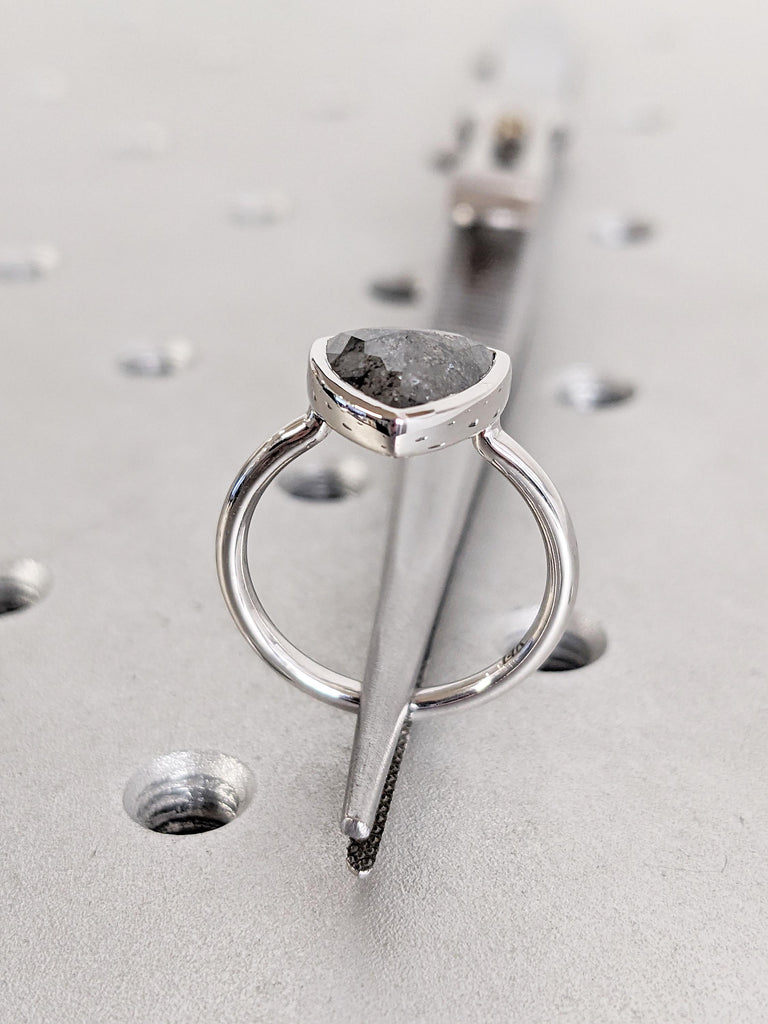 Salt and Pepper Diamond Ring, 14k White Gold Engagement Ring, Trillion Cut Diamond Ring, Minimalist Bezel Set Ring, Simple Rings for Women