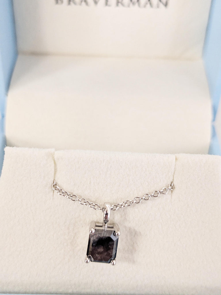Emerald Cut Necklace, Salt and Pepper Diamond Pendant, 14k White Gold Necklace, Personalized Necklace, Necklace for Women, Dainty Necklace