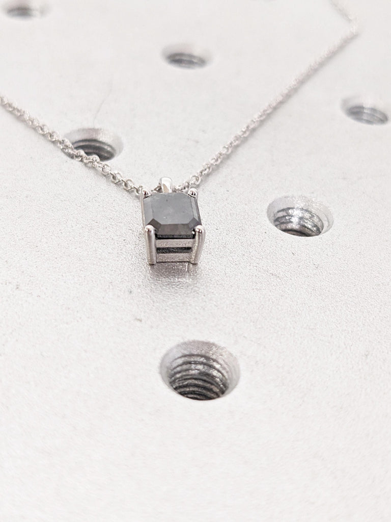 Emerald Cut Necklace, Salt and Pepper Diamond Pendant, 14k White Gold Necklace, Personalized Necklace, Necklace for Women, Dainty Necklace