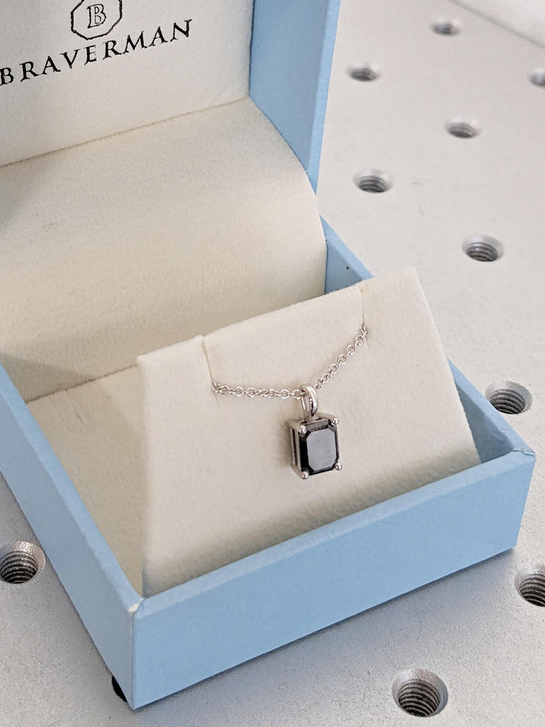 Emerald Cut Necklace, Salt and Pepper Diamond Pendant, 14k White Gold Necklace, Personalized Necklace, Necklace for Women, Dainty Necklace