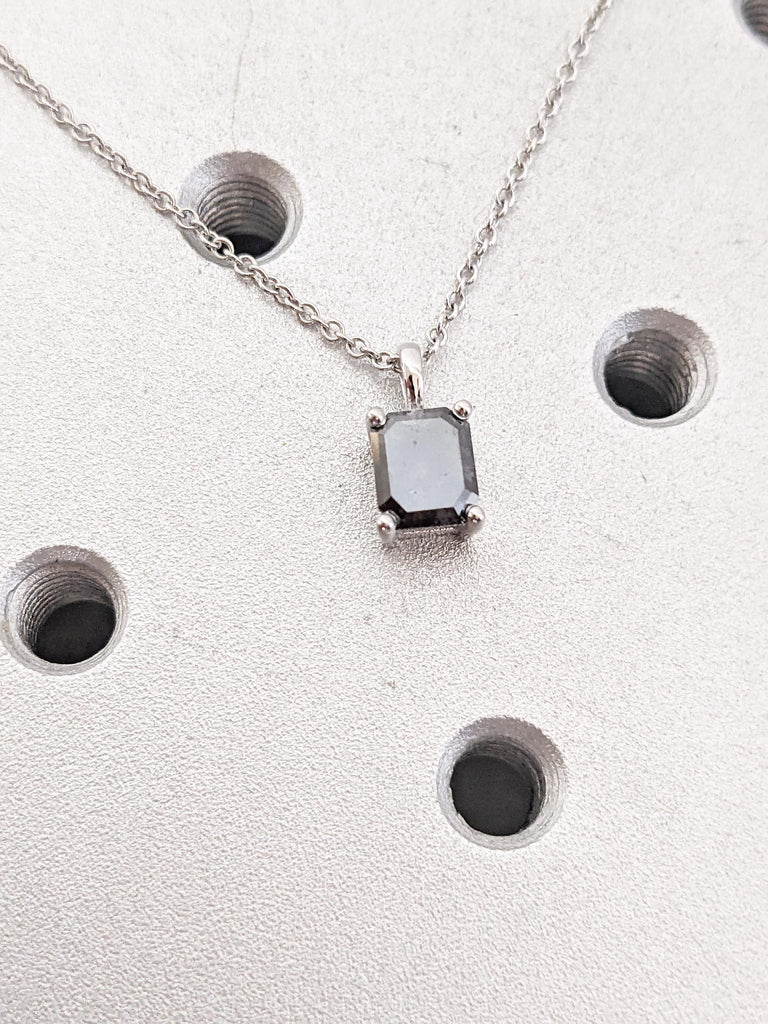 Emerald Cut Necklace, Salt and Pepper Diamond Pendant, 14k White Gold Necklace, Personalized Necklace, Necklace for Women, Dainty Necklace