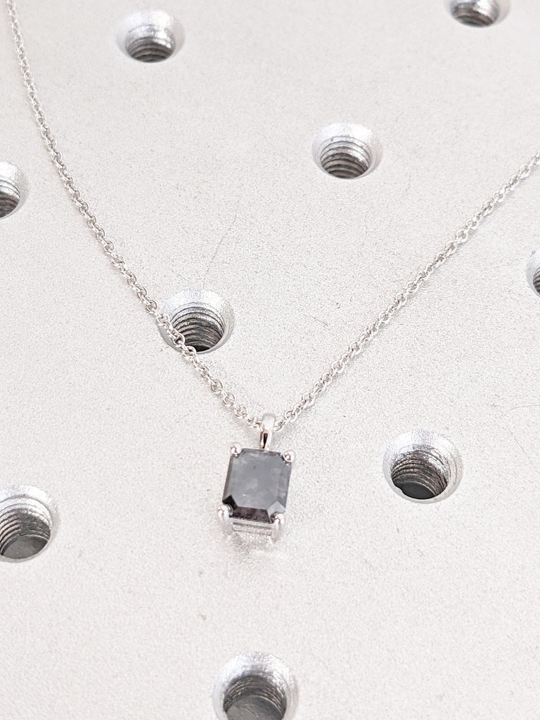 Emerald Cut Necklace, Salt and Pepper Diamond Pendant, 14k White Gold Necklace, Personalized Necklace, Necklace for Women, Dainty Necklace