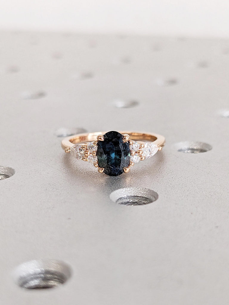 Rose Gold Women Wedding Ring, Blue Green Sapphire Ring, Oval Engagement Ring, Birthstone Ring, Diamond Cluster Ring, Unique Anniversary Ring