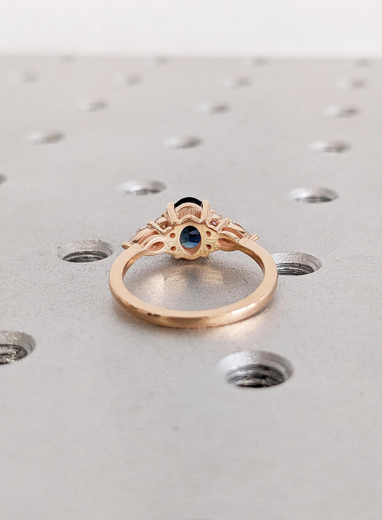 Rose Gold Women Wedding Ring, Blue Green Sapphire Ring, Oval Engagement Ring, Birthstone Ring, Diamond Cluster Ring, Unique Anniversary Ring