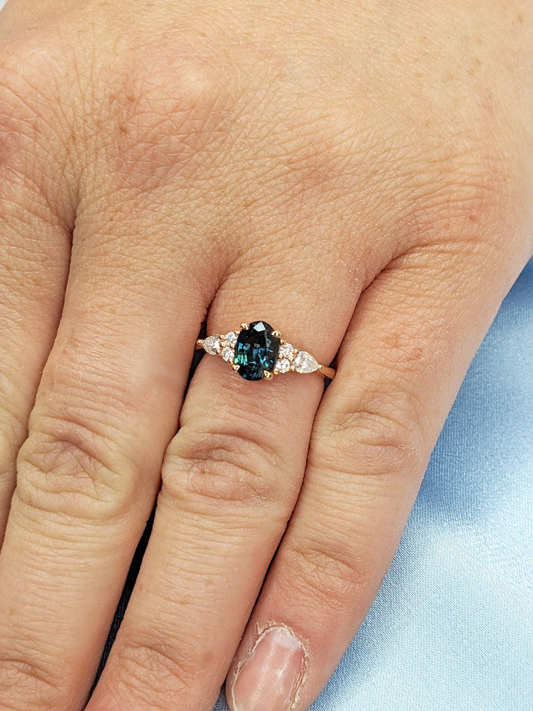 Rose Gold Women Wedding Ring, Blue Green Sapphire Ring, Oval Engagement Ring, Birthstone Ring, Diamond Cluster Ring, Unique Anniversary Ring
