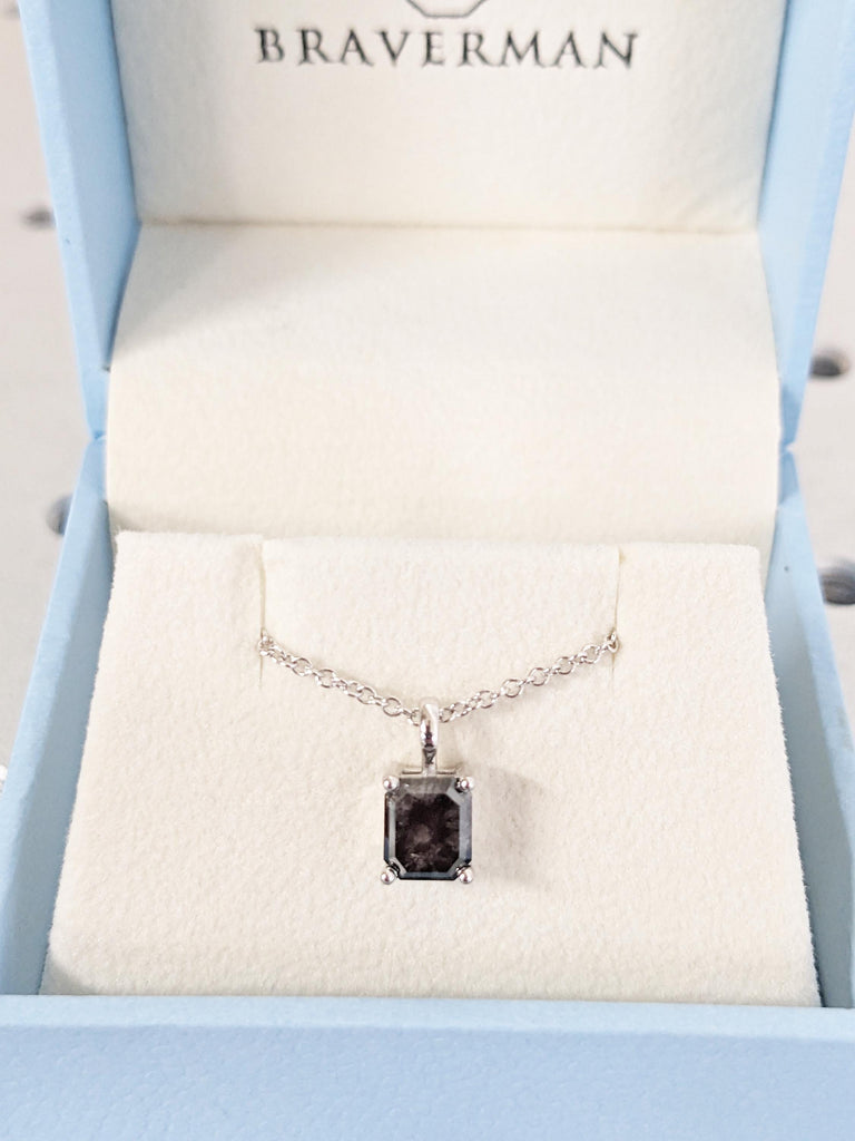 Emerald Cut Necklace, Salt and Pepper Diamond Pendant, 14k White Gold Necklace, Personalized Necklace, Necklace for Women, Dainty Necklace