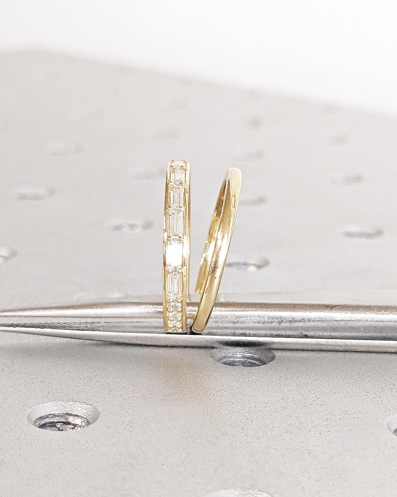 14K Gold Half Eternity Baguette Diamond Stackable Ring and Simple Delicate Ring Matching Stackable Wedding Bands Set of 2 Thin Wedding Bands