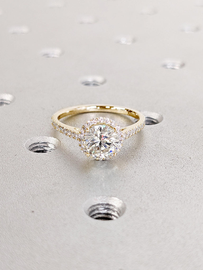 Halo Lab Grown Diamond Engagement Ring, Unique 14k Solid Gold Ring, Half Eternity Lab Diamond Ring, Dainty Comfort Fit Ring, Girlfriend Gift