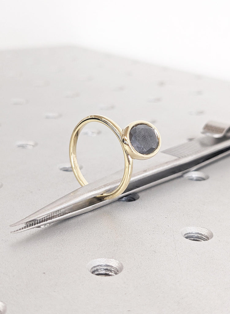 Salt and Pepper Oval Engagement Ring, Solitaire Ring for Women, Dainty 14k Solid Gold Bezel Set Ring, Simple Diamond Ring, Oval Promise Ring