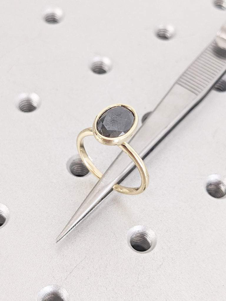 Salt and Pepper Oval Engagement Ring, Solitaire Ring for Women, Dainty 14k Solid Gold Bezel Set Ring, Simple Diamond Ring, Oval Promise Ring