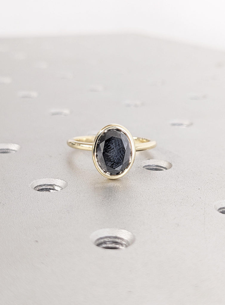 Salt and Pepper Oval Engagement Ring, Solitaire Ring for Women, Dainty 14k Solid Gold Bezel Set Ring, Simple Diamond Ring, Oval Promise Ring