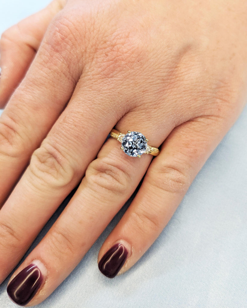 Diamond & Aquamarine Engagement Ring, 3 Stone Ring, Round Aquamarine Blue Gemstone Ring, Twisted Band Bridal Ring, 14K Gold March Birthstone
